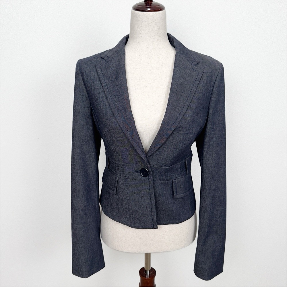 BCBGMaxazria‎ Blazer Womens Medium Blue Peplum Fitted Cropped Preppy Y2K Chic
